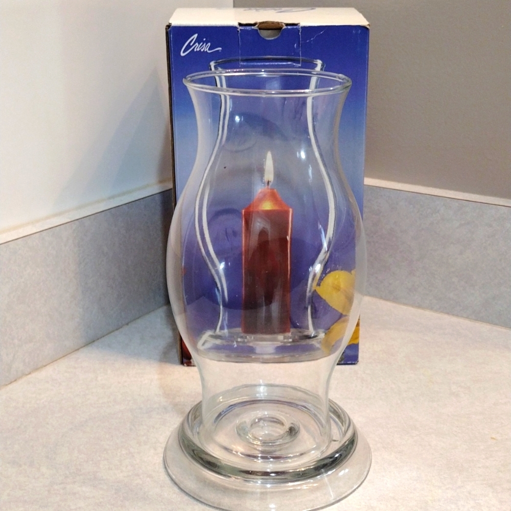 Crisa hurricane glass shade with base candle holder.